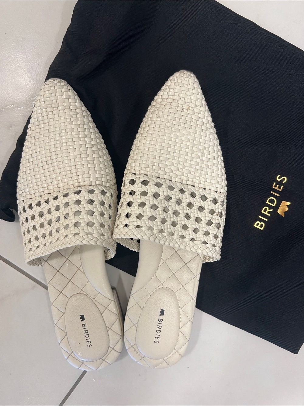 Birdies Cream Woven Pointed Mules